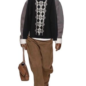 Perry Ellis Black Crewneck Sweater with Gray Argyle Panel Preppy CBK Style